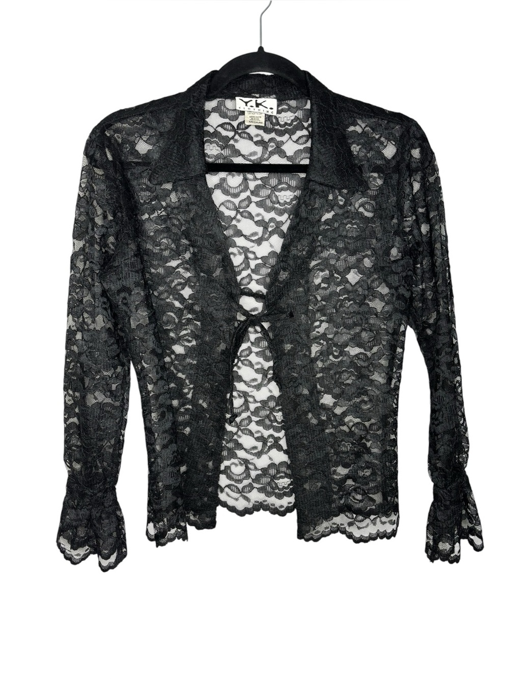Y2K 90s Women’s Sheer Lace Floral Black Front Tie Blouse Grunge Whimsigoth Med